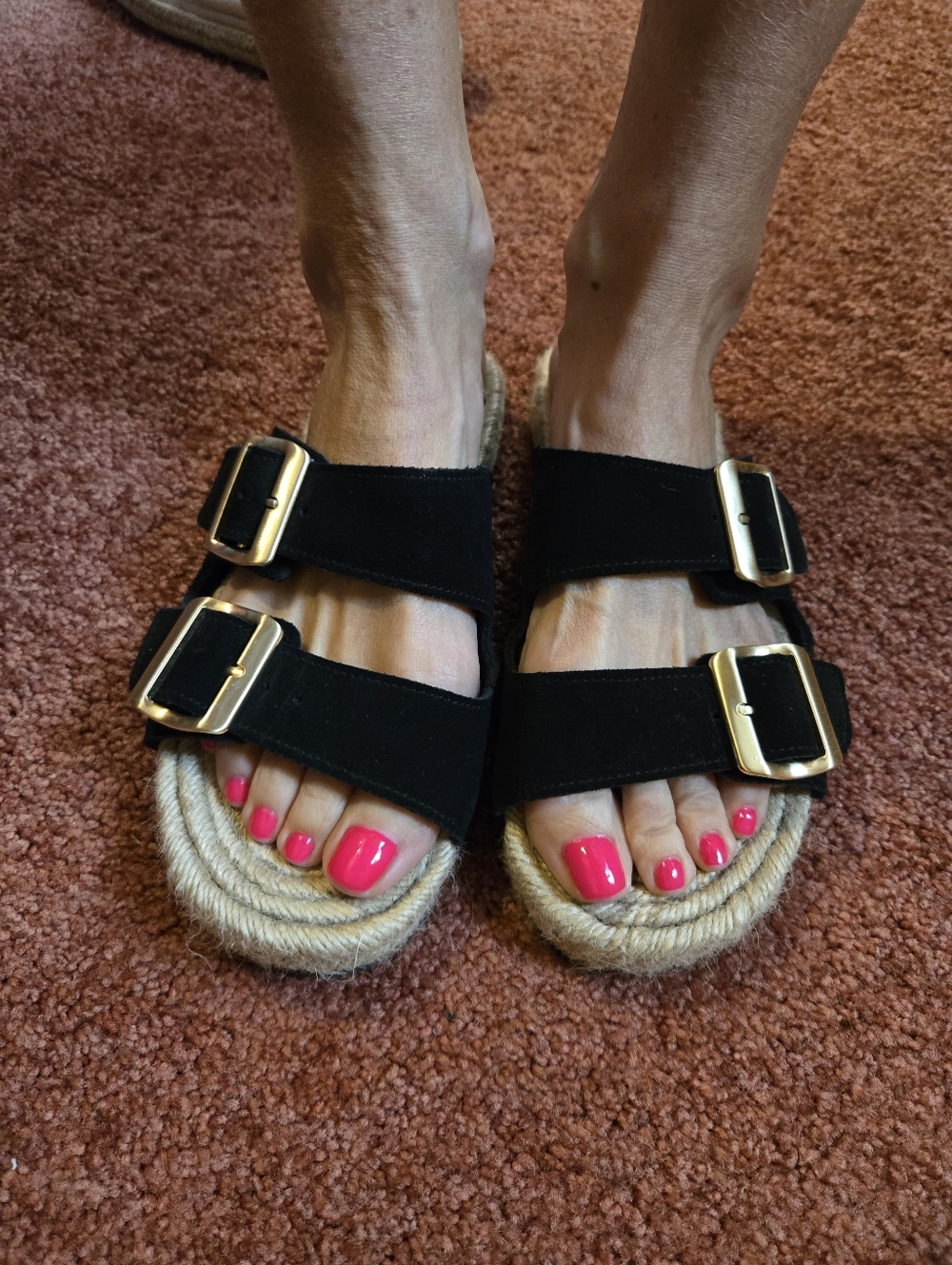 Haute Hippie Black Suede Double Buckle Espadrille Slide Sandals